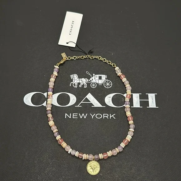 NWT Coach Rexy Coin Beaded Choker Necklace Gem Stone Charm Adjustable Dinosaur - Picture 5 of 10